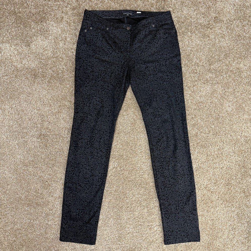 Eileen Fisher Brocade Pants Belted Women 10 Black Paisley Stretch Career Rivets